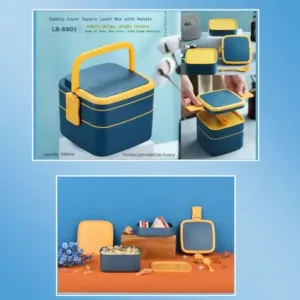 BLUE DOUBLE-LAYER PORTABLE LUNCH BOX STACKABLE WITH CARRYING HANDLE AND SPOON LUNCH BOX , Bento Lunch Box ( blue, Standard ).