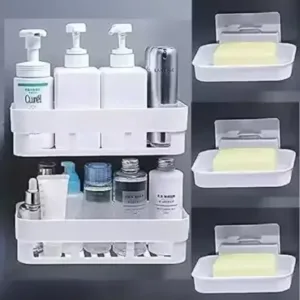 Combo of 5 Pieces Bathroom Shelf Kitchen Shelf Soap Stand Combo – Wall Mount Bathroom Accessories ( white, OS )