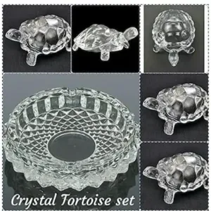 Set Look Crystal Kachua + Plate Bowl Tortoise On Plate Showpiece (Big Size) for Good Luck Turtle Vastu for Career and Luck (Glass, White) ( default, 5inch )
