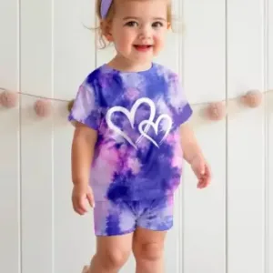 Kids Tie-Dye Heart Print Summer Set Purple & Pink Tie-Dye T-Shirt and Shorts Set ( multicolor, 0-6m,6-12m,12-18m,18-24m,2-3y,3-4, )