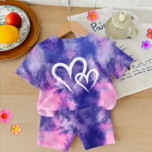 Kids Tie-Dye Heart Print Summer Set Purple & Pink Tie-Dye T-Shirt and Shorts Set ( multicolor, 0-6m,6-12m,12-18m,18-24m,2-3y,3-4, )