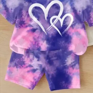 Kids Tie-Dye Heart Print Summer Set Purple & Pink Tie-Dye T-Shirt and Shorts Set ( multicolor, 0-6m,6-12m,12-18m,18-24m,2-3y,3-4, )