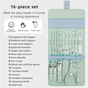 Professional 16 in 1 Stainless Steel Manicure Pedicure Kit Nail Clipper Grooming Set with Travel Case for Men Women (Multicolor) ( default, OS )