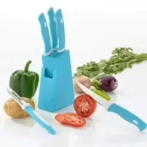 Kitchen Knife Set with Stand – 4 Knives & 1 Peeler | ABS Plastic Stand | Women’s 1st Choice | Blue ( default, Standard ).