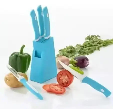 HV6MfphTJmBYYz14FVCmXrFXJ4cBp8sm8IqVQLOS.webp Kitchen Knife Set with Stand – 4 Knives & 1 Peeler | ABS Plastic Stand | Women’s 1st Choice | Blue ( default, Standard ).