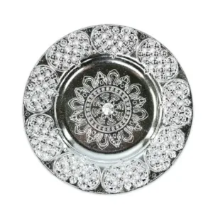 Decorative Silver Ethnic Pooja Thali with Kumkum Holders 8-inch Traditional Festival Thali ( default, Standard ).