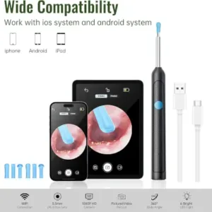 Earwax Removal Tool Kit with HD Camera Wifi Connection & 6 LED Lights Endoscope Tool Ear Cleaner for iOS & Android + 11 Silicone Tips Free- Black ( black, Standard )