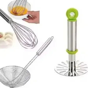 Kitchen Tools Combo – Stainless Steel Potato Pav Bhaji Masher, Egg Whisker Beater & Deep Fry Puri Strainer | Pack of 3 | Multicolor. ( default, Standard )