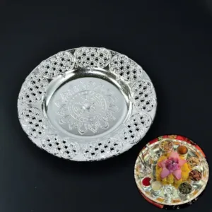 Decorative Silver Ethnic Pooja Thali with Kumkum Holders 8-inch Traditional Festival Thali ( default, Standard ).