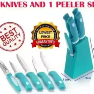 Kitchen Knife Set with Stand – 4 Knives & 1 Peeler | ABS Plastic Stand | Women’s 1st Choice | Blue ( default, Standard ).