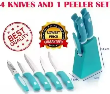 RnlHDDv1Sxe9THtvWjjG75EWDUZWYuHHoQZxJ490.webp Kitchen Knife Set with Stand – 4 Knives & 1 Peeler | ABS Plastic Stand | Women’s 1st Choice | Blue ( default, Standard ).
