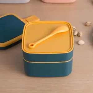 BLUE DOUBLE-LAYER PORTABLE LUNCH BOX STACKABLE WITH CARRYING HANDLE AND SPOON LUNCH BOX , Bento Lunch Box ( blue, Standard ).