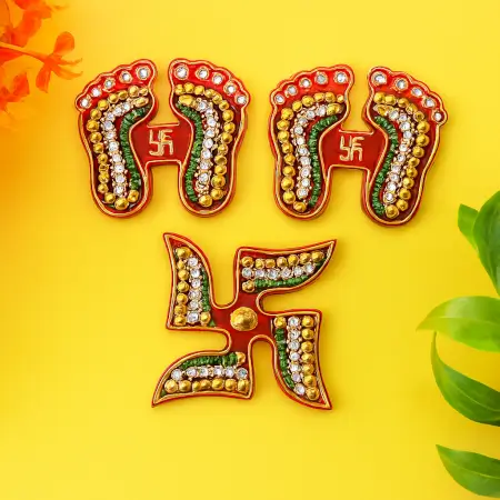 XA0uGXBsokgBcRcFifl4PvYmkZMDmIrli2AhLG5M.webp Decorative laxmi charan (pagla) & swastik combo set traditional gemstone rangoli ( default, OS ).