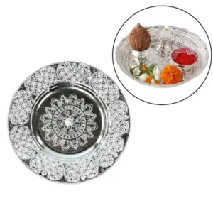 Decorative Silver Ethnic Pooja Thali with Kumkum Holders 8-inch Traditional Festival Thali ( default, Standard ).