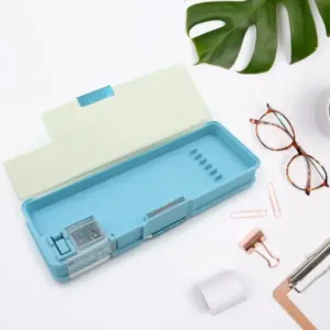 Multipurpose Compass Box, Plastic Double Deck Pencil Case with 2 Compartments, Supplies Utility Box Storage Organizer, Pencil Box for School, Cartoon Printed Pencil Case for Kids.