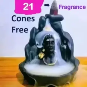 Handcrafted Lord Adiyogi Mahadev Shiv Shankara Backflow Cone Incense Holder – Decorative Resin Showpiece with 21 Free Scented Cones (Black). ( default, Free Size )