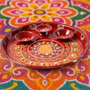Hand-painted decorative pooja thali with ganesha motif and diyas traditional festive design (1 pc) description: ( default, OS ).