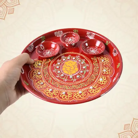 g9jEVVeCTLetIK98XxZBUjKIpTOTdfk0GyEP19kA.webp Hand-painted decorative pooja thali with ganesha motif and diyas traditional festive design (1 pc) description: ( default, OS ).