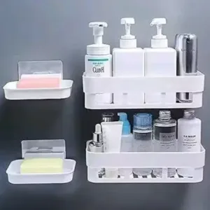 Combo of 5 Pieces Bathroom Shelf Kitchen Shelf Soap Stand Combo – Wall Mount Bathroom Accessories ( white, OS )