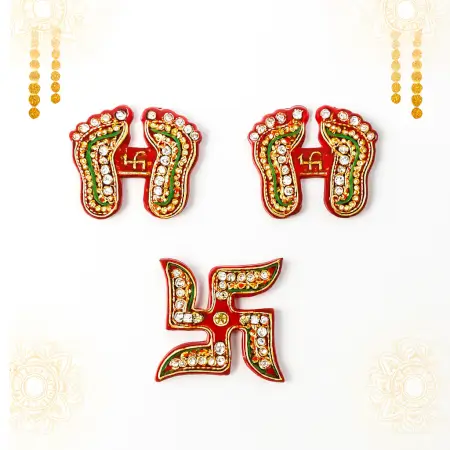 qqCKqFgjOsqV5QLYYTFnYCxLUybRWxCwdd1gM9rh.webp Decorative laxmi charan (pagla) & swastik combo set traditional gemstone rangoli ( default, OS ).
