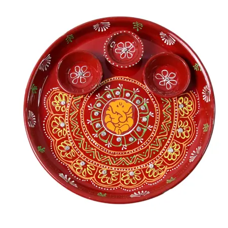 vCkIhVRqbLLhR3XWM0VQZKIFWpeiU0GYARrThYgV.webp Hand-painted decorative pooja thali with ganesha motif and diyas traditional festive design (1 pc) description: ( default, OS ).