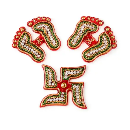 yc2vS0Lg2yaIZC7Wykfnlb1RckHKYdCKOejJLcic.webp Decorative laxmi charan (pagla) & swastik combo set traditional gemstone rangoli ( default, OS ).